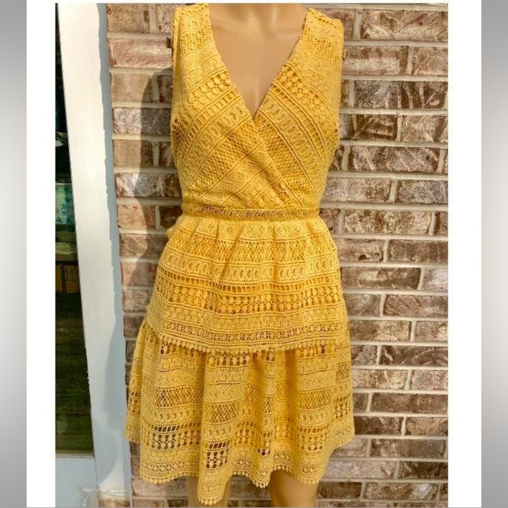 NWTs Miami Francesca’s Yellow Crochet Ruffle Tier Mini Dress